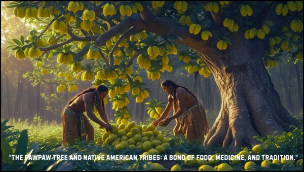 Pawpaw tree and native American tribes harvesting fruit in natural forest setting