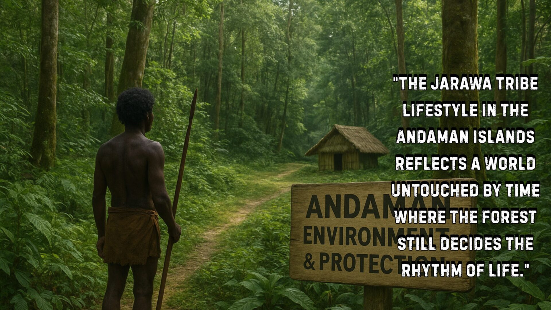Jarawa tribe man standing in the Andaman forest with a spear near a wooden sign reading ‘Andaman Environment & Protection’, AI-generated image symbolizing harmony between tribe and nature.